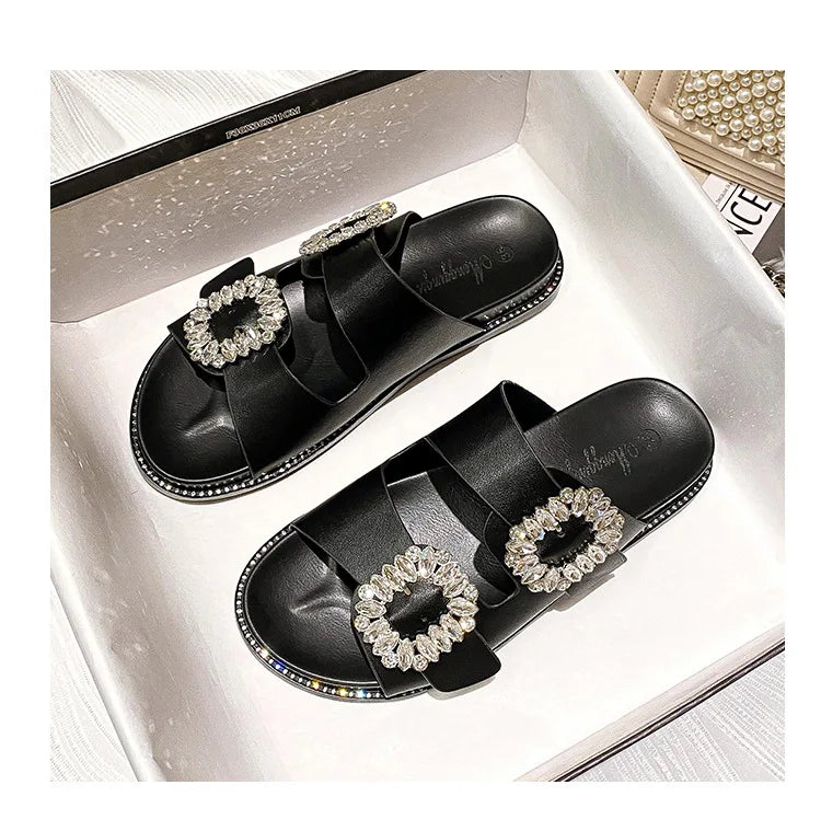 2025 Brand Rhinestone Buckle Sandals Women Double Band Slippers Crystal Shoes Ladies Casual Slides Slip On Flat Heels Flip Flops