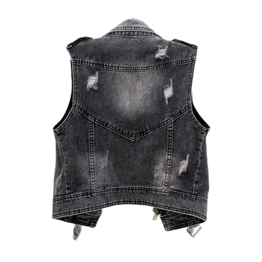 Denim Vest Women Spring Autumn Sleeveless Tops Short Jacket Splicing Outerwear Teens Gray Coat Ripped Loose Casual Waistcoats