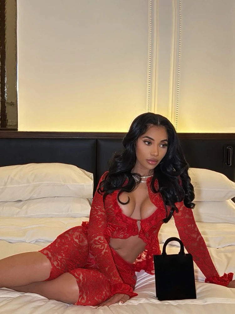 Weird Puss Jacquard Sexy Women 2 Piece Set Coquette Full Sleeve Ruffles Crop Tops+Bike Shorts Matching Clubwear Summer Outfits