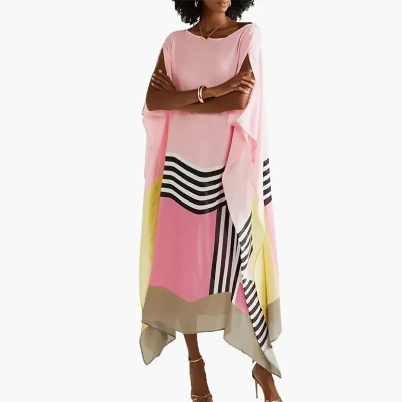 Candy Stripe Print Patchwork Kaftan Dresses Women’s Spring Round Neck Irregular Long Dress Summer Batwing Sleeve Boho Maxi Dress