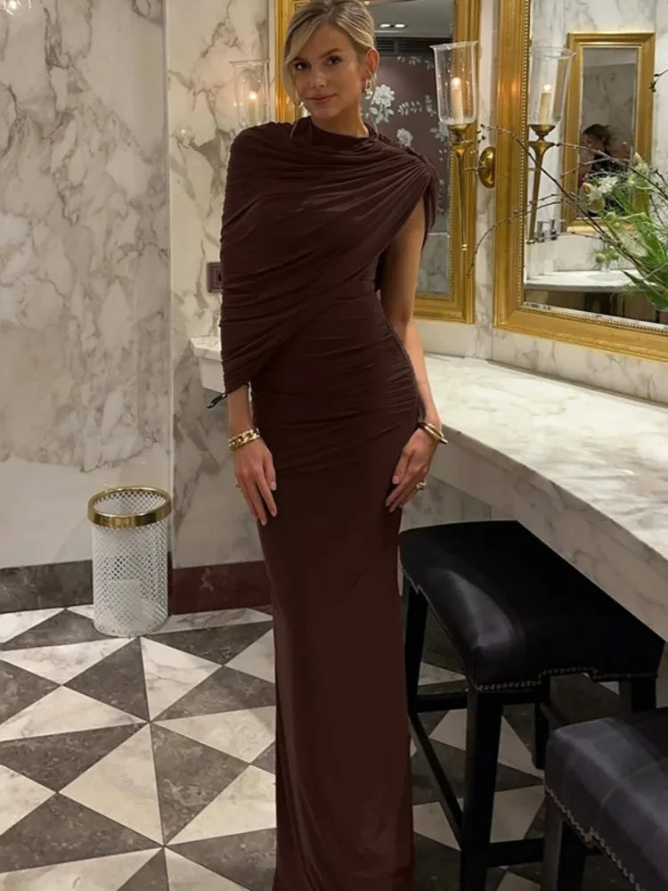 Mozision Irregular Ruched Sexy Maxi Dress For Women Elegant Autumn Inclined Shoulder Pleated Club Party Long Dresses Female