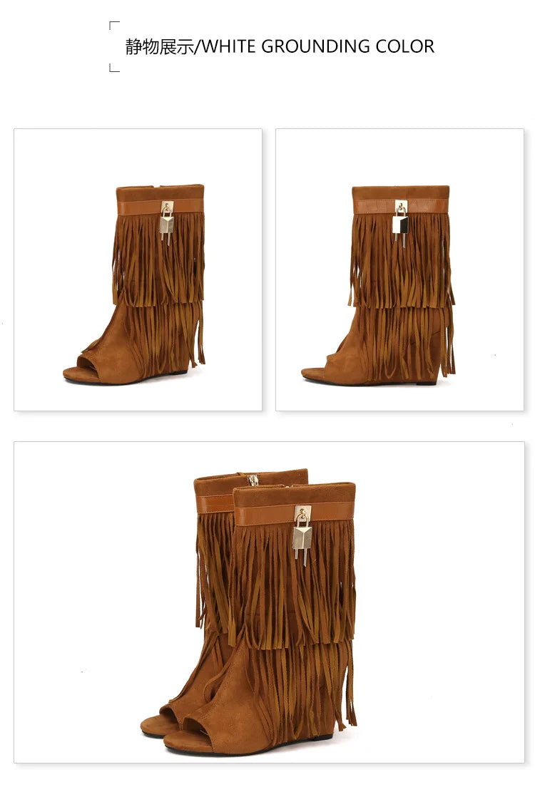 Designer Fringe Wedges Boot Sandals Woman High Heels Open Toe Party Prom Shoes 2025 Sexy Zipper Female Pumps Women Boots