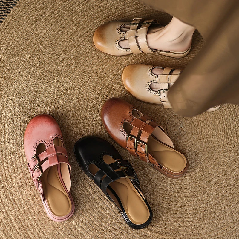 New Fashion Sandal Women Pumps Shoes Sexy Slingback Heels Retro Leather Party Casual Summer Round Toe Shoes Mueller Slippers