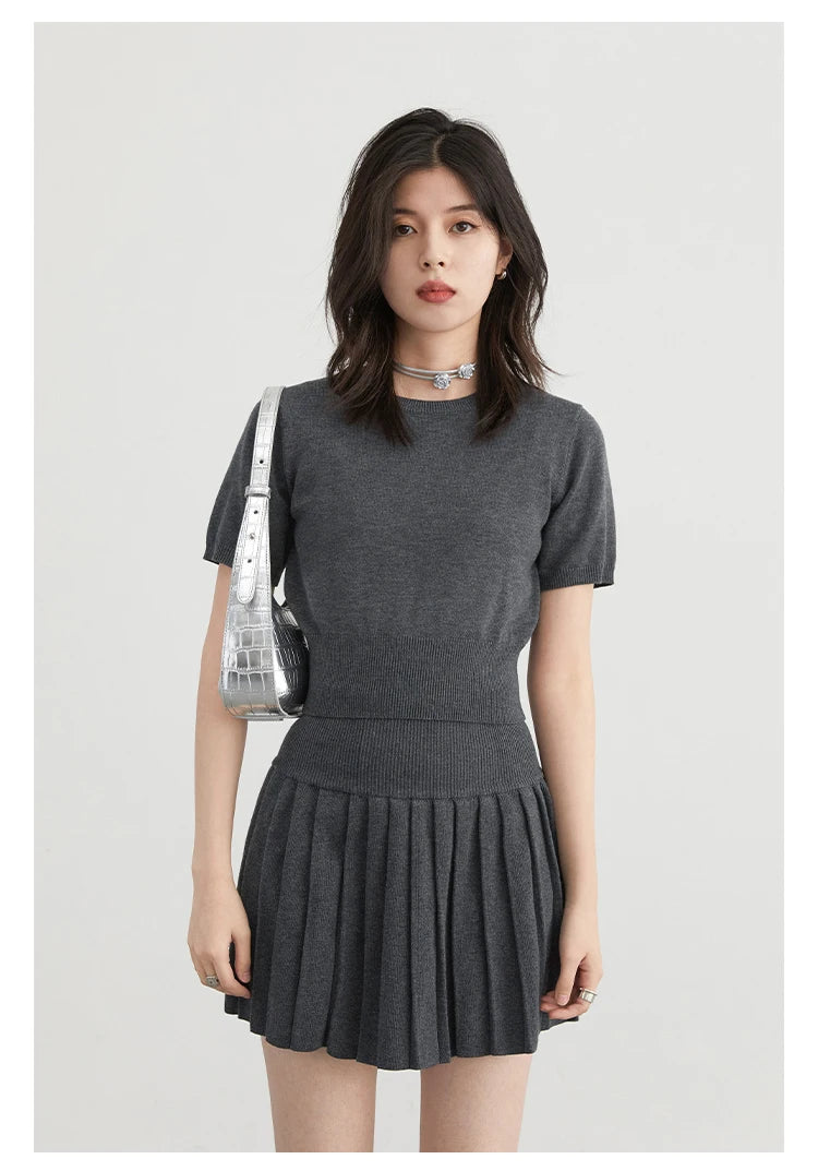 CHIC VEN Women Skirt Sets Solid Knitted Cardigan Short Sleeved Top Female Pleated Skirt Three Piece Optional Spring Autumn 2024