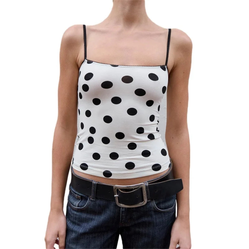 Xingqing y2k Crop Top Women Summer Polka Dot Print Lace Trim Square Collar Spaghetti Strap Sleeveless Camisole Vest Streetwear