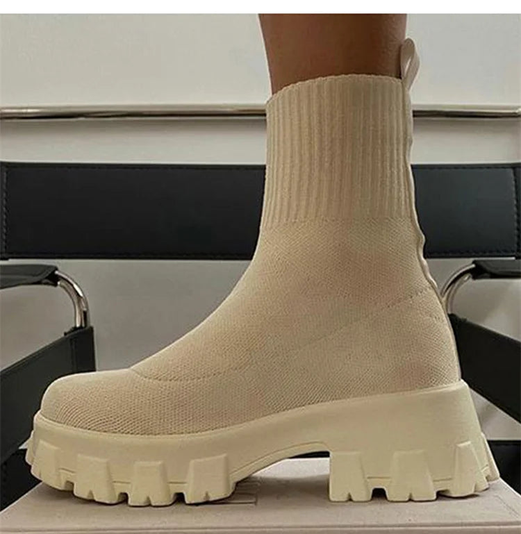 Women Boots Short Knitting Platform Boots Autumn Winter Shoes For Women Ankle Boots Heels White Winter Botas Mujer