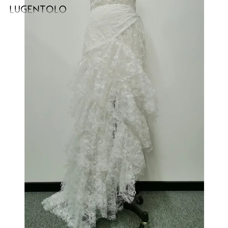 Sexy Dress Women Spaghetti Strap Breast Wrap Party Ladies White Lace Irregular  Slim Empire Long Clothing Lugentolo