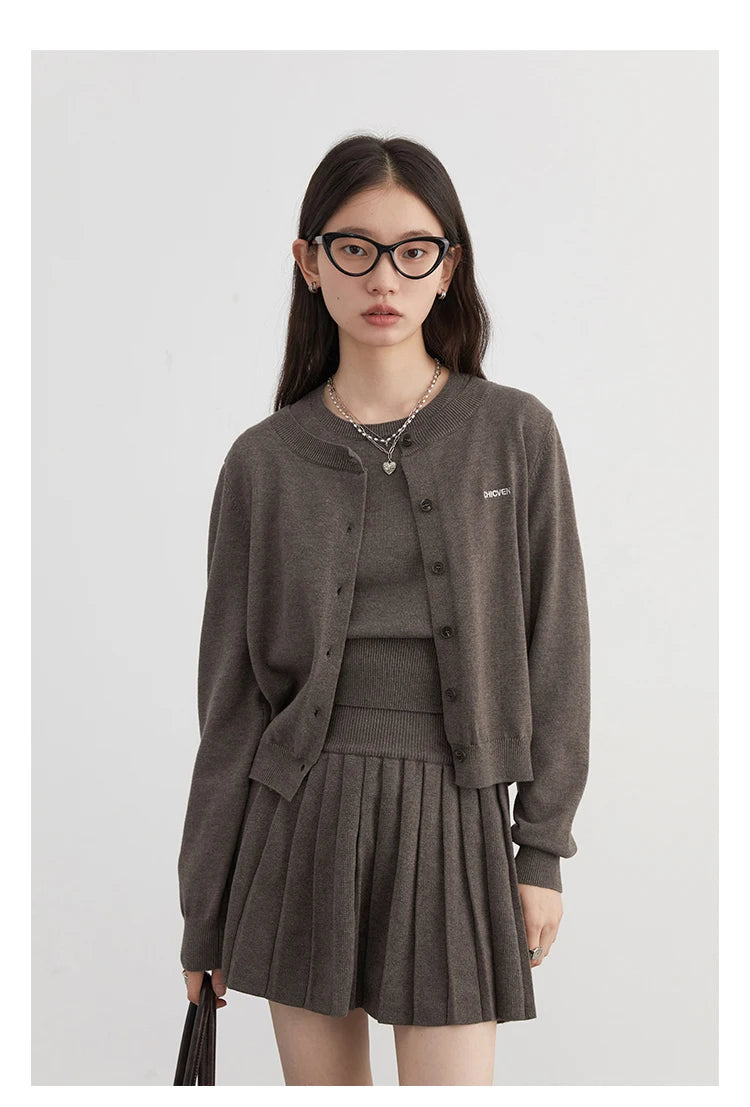 CHIC VEN Women Skirt Sets Solid Knitted Cardigan Short Sleeved Top Female Pleated Skirt Three Piece Optional Spring Autumn 2024