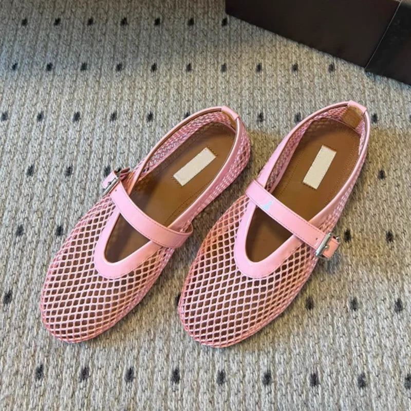 Mesh Buckle Ballet Shoes For Women, High Version 2025 Fairy Hollow Flat Bottom Pink Fishing Net, Mary Jane Single Shoe