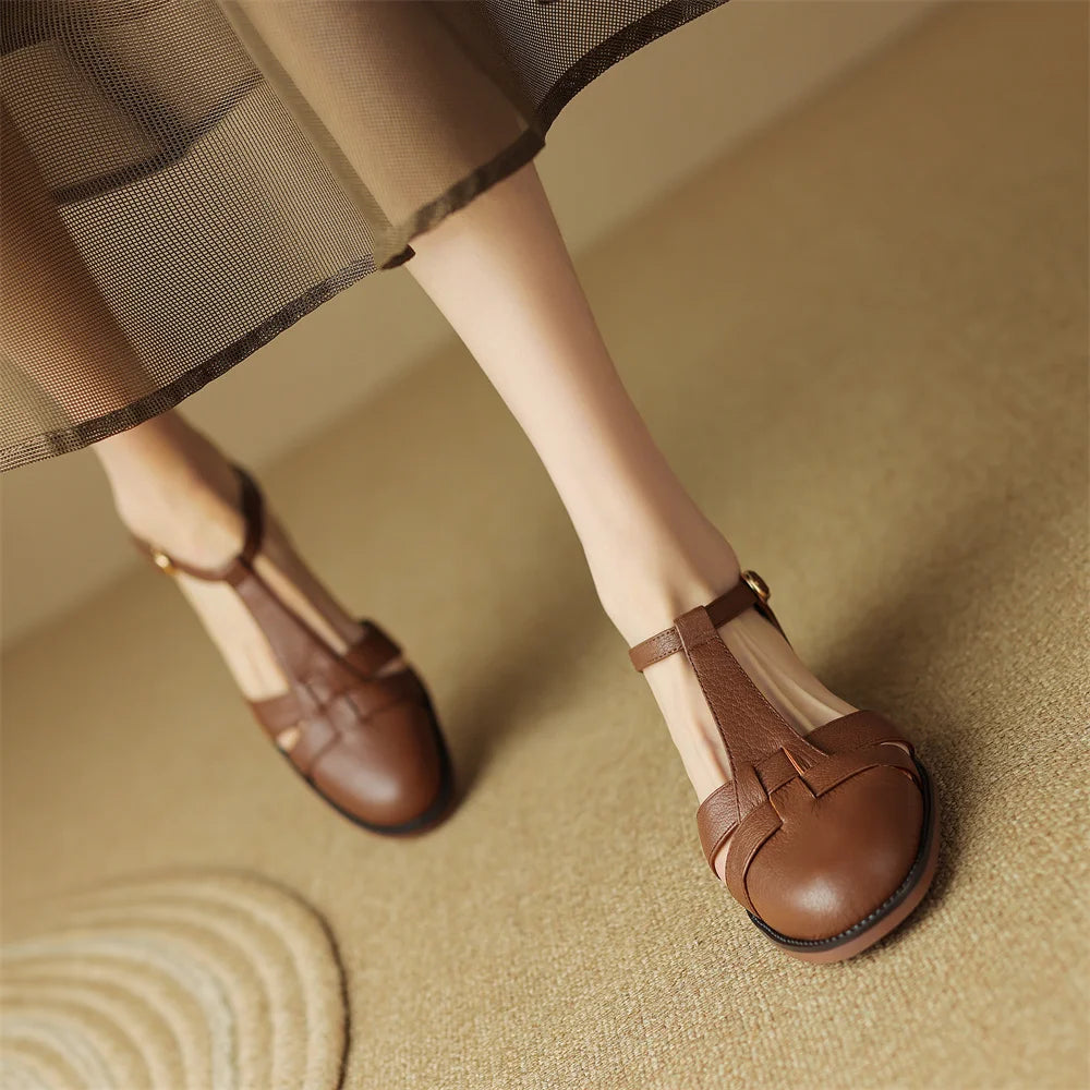 Women's genuine leather narrow band braided t-strap flats sandals round toe casual female summer roman style shoes for women hot