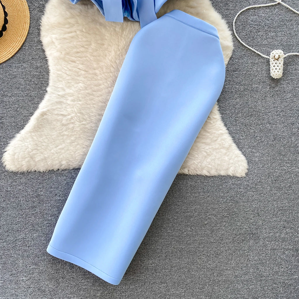 Sexy One-oulder Banded Waist Gown Set with Pleated Skirt Two-Piece Ensemble Courtly Sle Versatile Top f-length A-Line ...