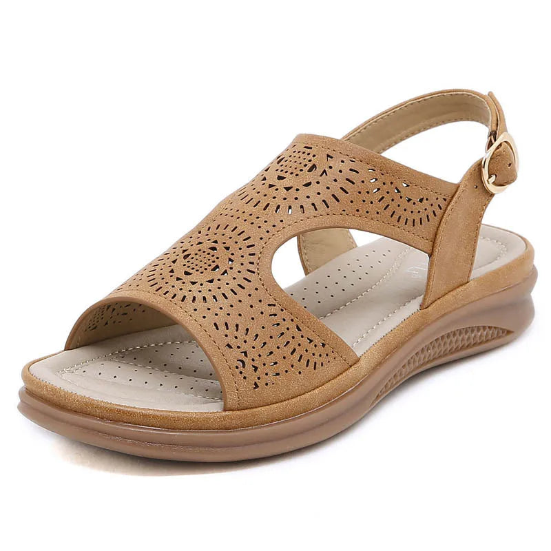 Low Sandals Woman Leather Female Shoe Clogs Wedge Large Size Low-heeled Fashion Girls Platform Big Beige Retro  Comfort Scan