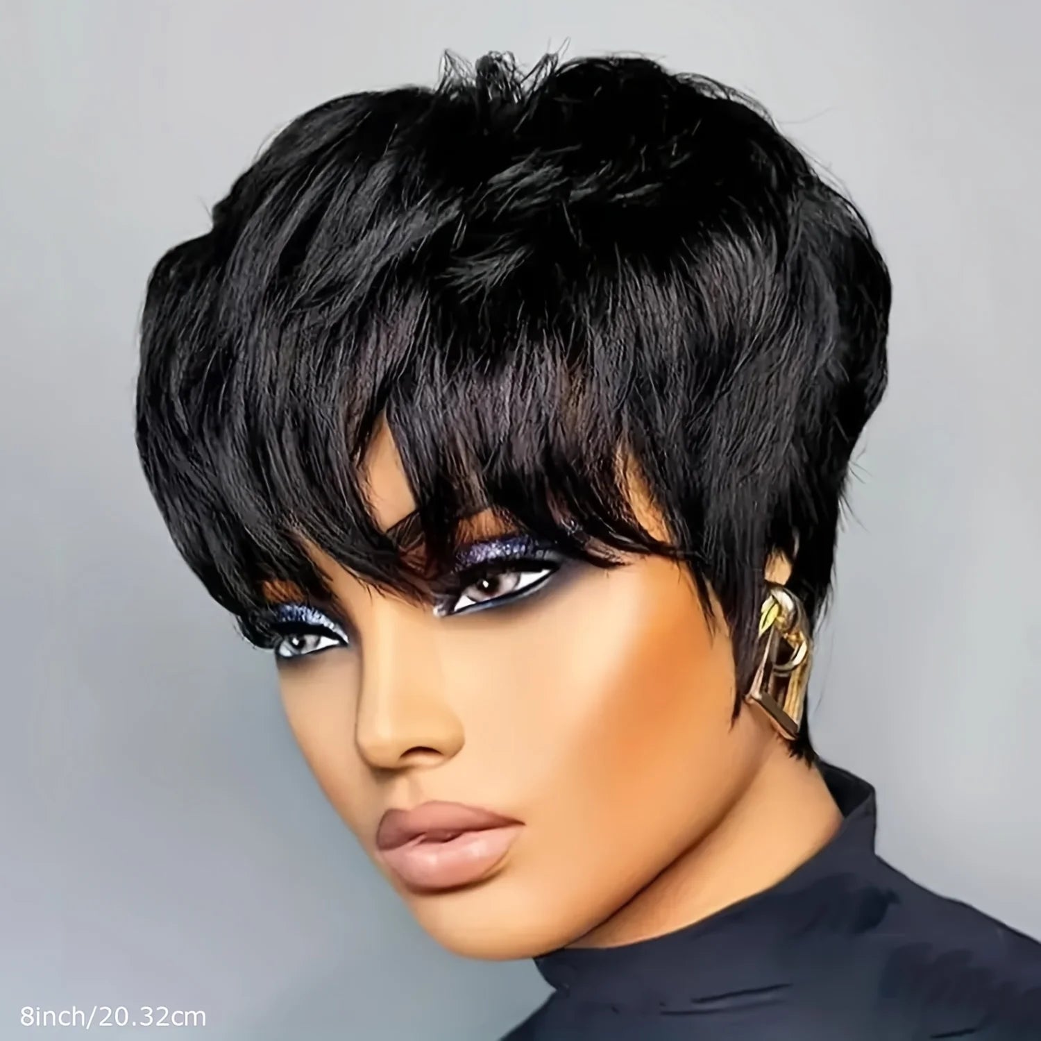 Short Pixie Cut Wig Human Hair Chocolate Brown Black 99J Burgundy Red Colored with Bangs Full Machine Made Layered Wig for Daily