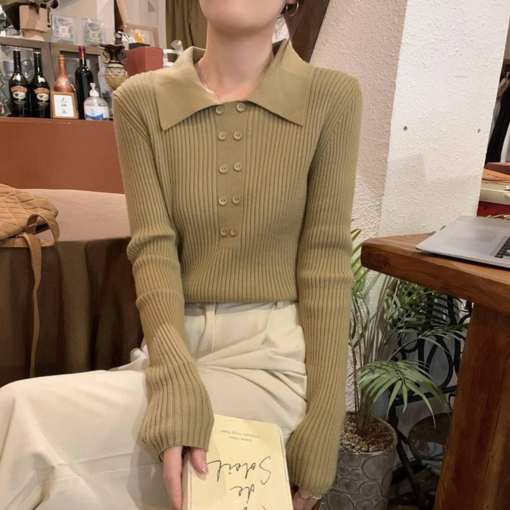 Turn-Down Collar Ribbed Pullover Sweater Women Autumn Winter Slim Long Sleeve Soft Warm Sweaters Ladies Knitted Tops