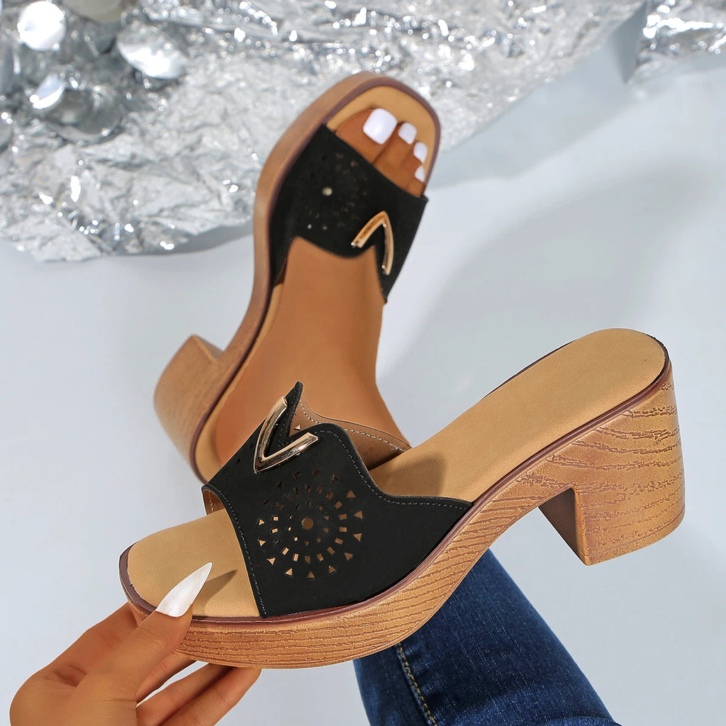 Retro Pu Leather High Heels Slippers for Women 2025 Summer Thick Bottom Platform Sandals Woman Lightweight Thick Heeled Shoes