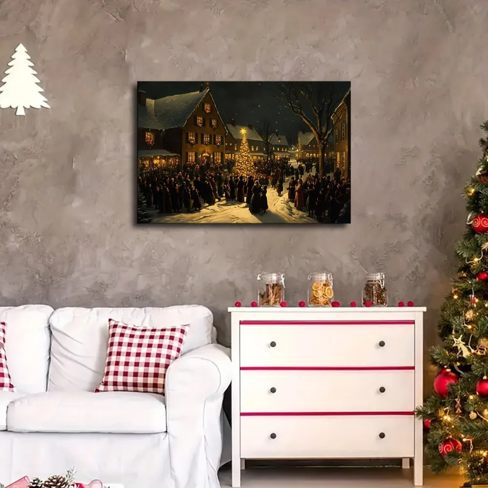 1.5 inch thick wood pine frame, interior art mural, home decor mural, Country style American Christmas Eve crowd canvas art