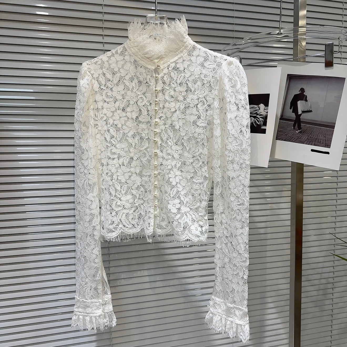 KTCZ Solid Spliced Lace Hollow Out Blouse For Women Long Sleeve Single Breasted Patchwork Print Minimalist Chic Blouse Female