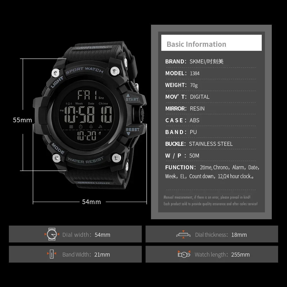 SKMEI 1384 Waterproof Sport Electronic Watch for Men Military Digital Mens Wristwatches Shockproof Clock 1358 Reloj Masculino