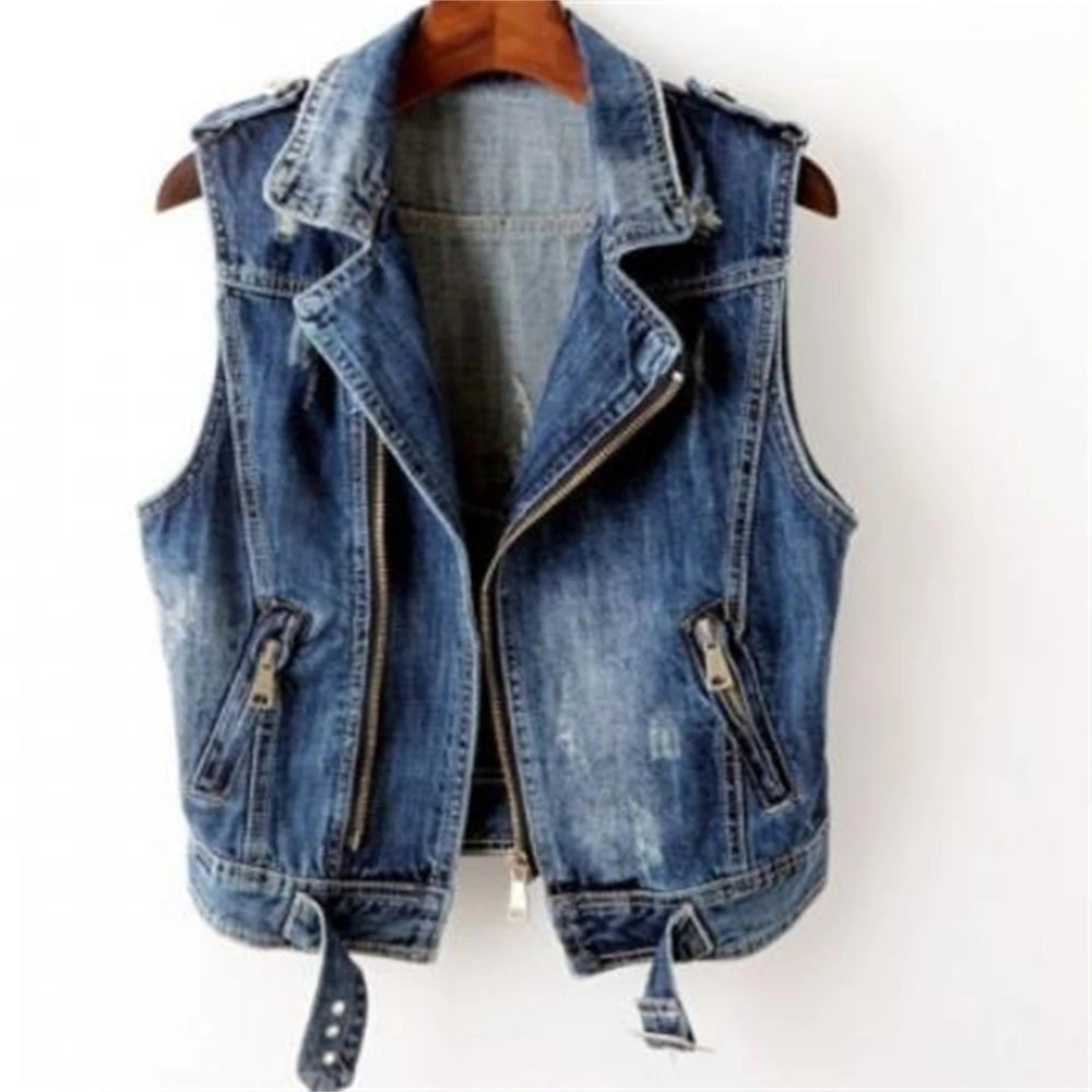Denim Vest Women Spring Autumn Sleeveless Tops Short Jacket Splicing Outerwear Teens Gray Coat Ripped Loose Casual Waistcoats