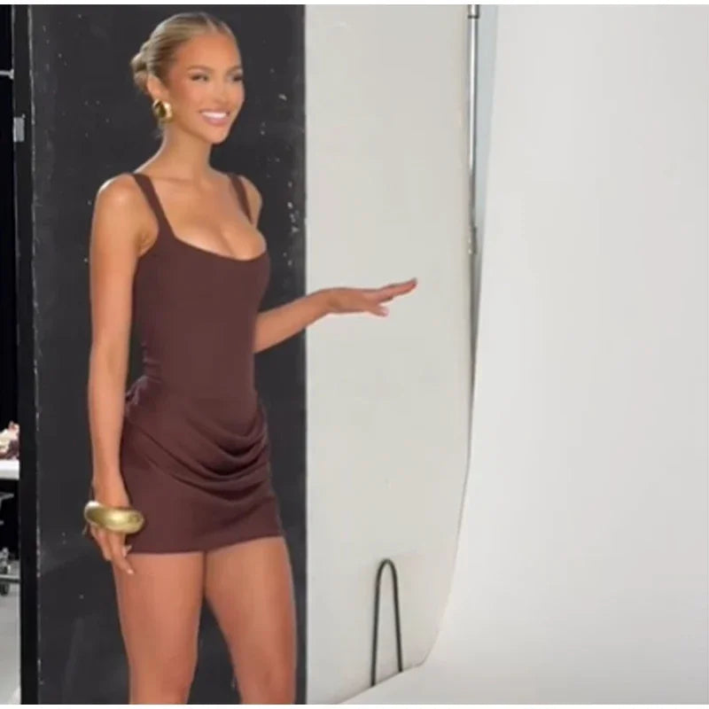 2025 Pleated Hem Bandage Dresses Women's Sexy Backless Mini Dress Chic Autumn U-neck Sleeveless Slim Lady Party Evening Gowns