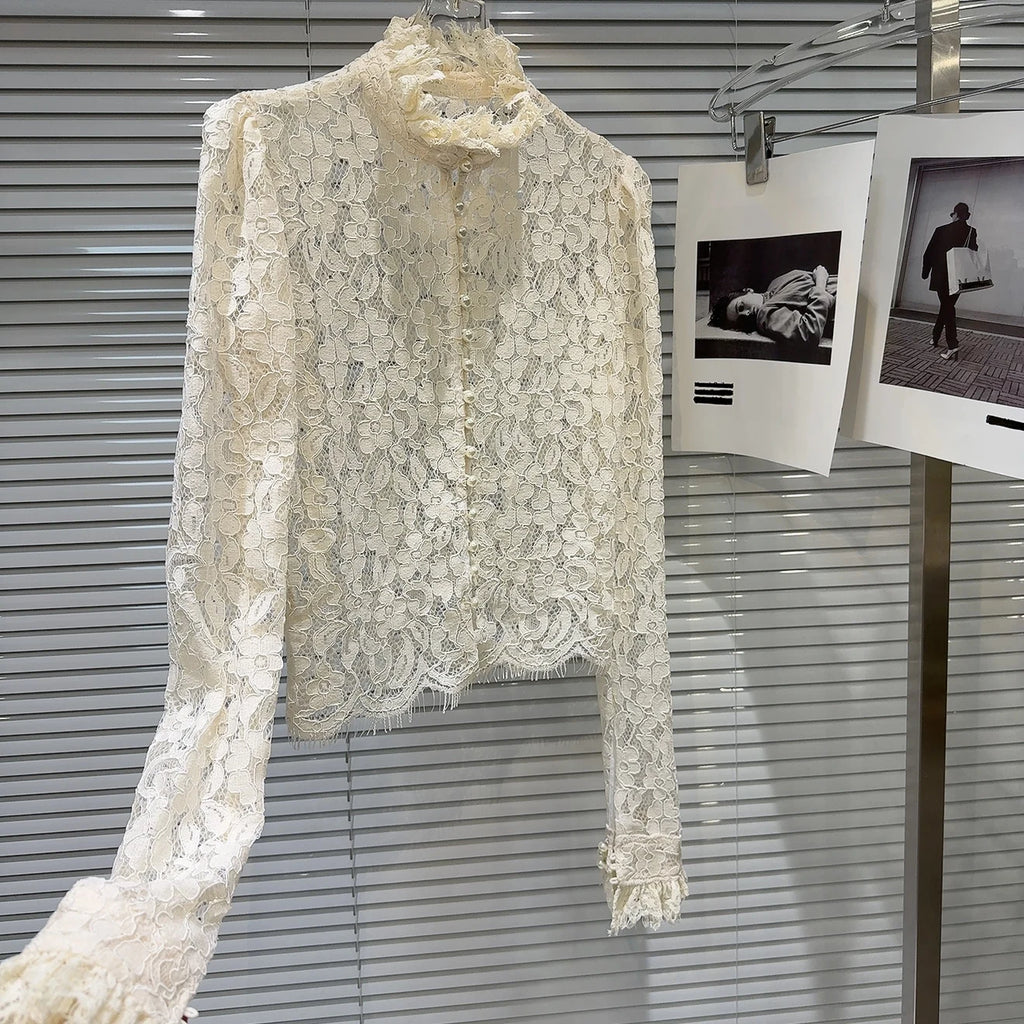 KTCZ Solid Spliced Lace Hollow Out Blouse For Women Long Sleeve Single Breasted Patchwork Print Minimalist Chic Blouse Female