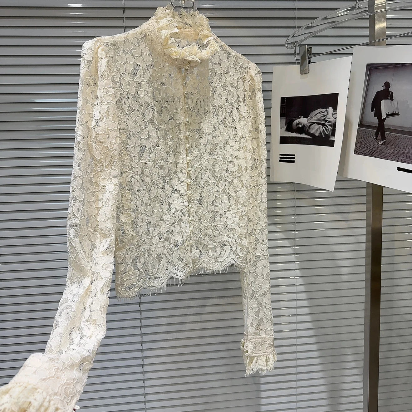 KTCZ Solid Spliced Lace Hollow Out Blouse For Women Long Sleeve Single Breasted Patchwork Print Minimalist Chic Blouse Female