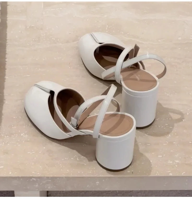 Ins style Fashion Patent Leather Split Toe Women Pumps Spring Summer Thick High heels Slingbacks Female Tabi Chunky Casual Shoes