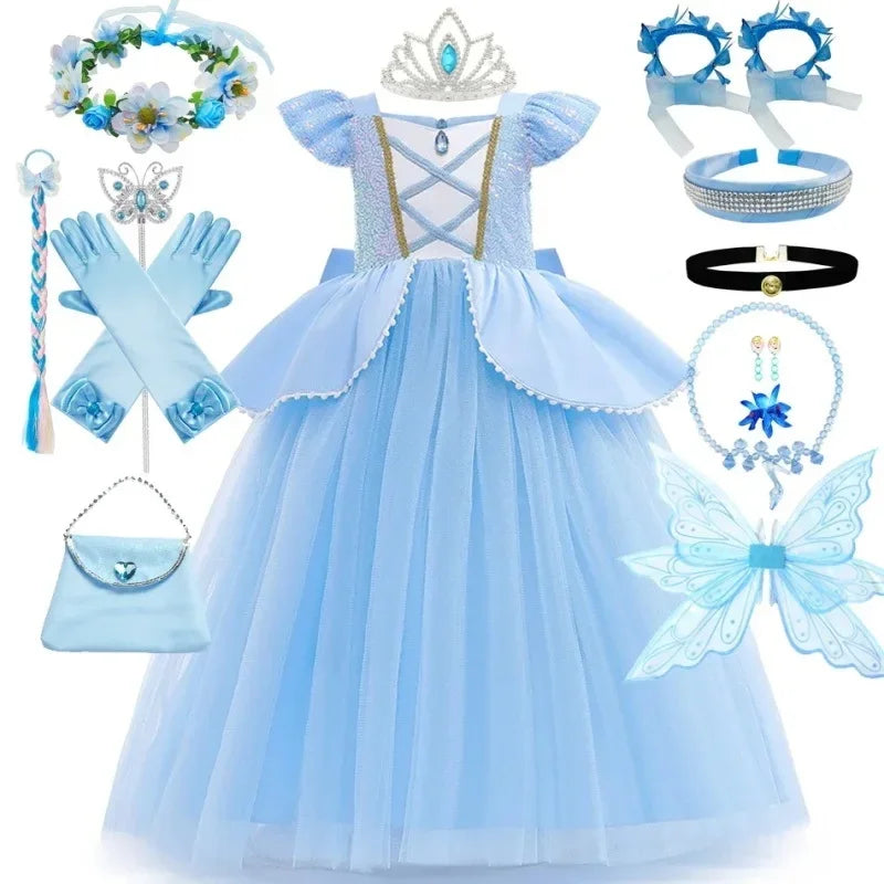 Cinderella Princess Costumes for Girls Halloween Disguise Carnival Cosplay Costume Kids Sequin Fluffy Mesh Evening Party Dresses