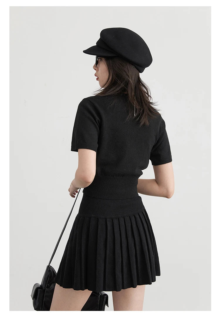 CHIC VEN Women Skirt Sets Solid Knitted Cardigan Short Sleeved Top Female Pleated Skirt Three Piece Optional Spring Autumn 2024