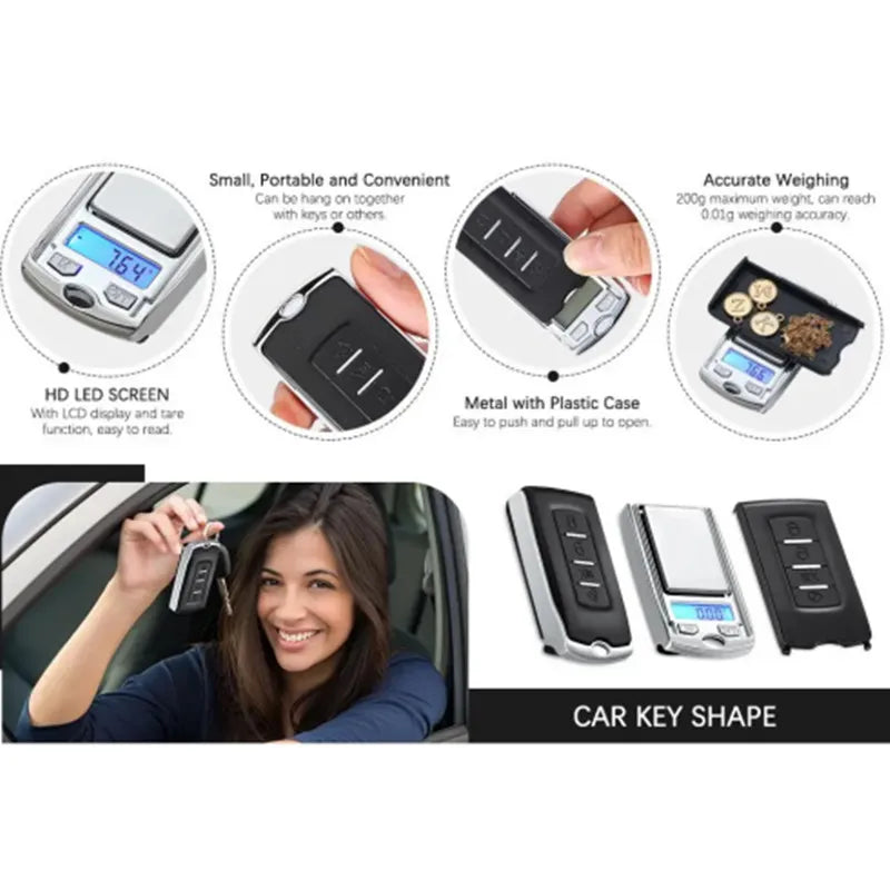 1Pcs 200g/100g 0.01g Precision Portable Car Key Shape Mini Digital Pocket Electronic Gram Scale with LCD Display