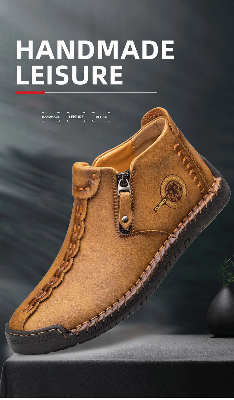 CLOHOO Hand-Sewn High-Top Men's Casual Shoes Comfortable Business Boots Solid Color Office Boots with Zipper