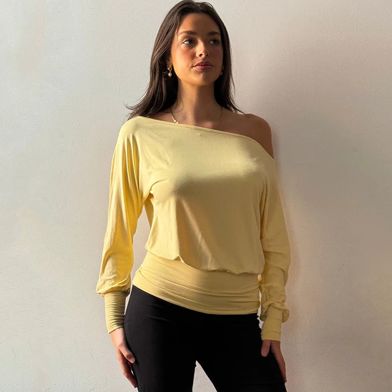Oniflyme Inclined Shoulder Long Sleeve Crop Tops Women Fashion Streetwear Solid Off Shoulder Casual T-shirts Female Sexy Tee Top