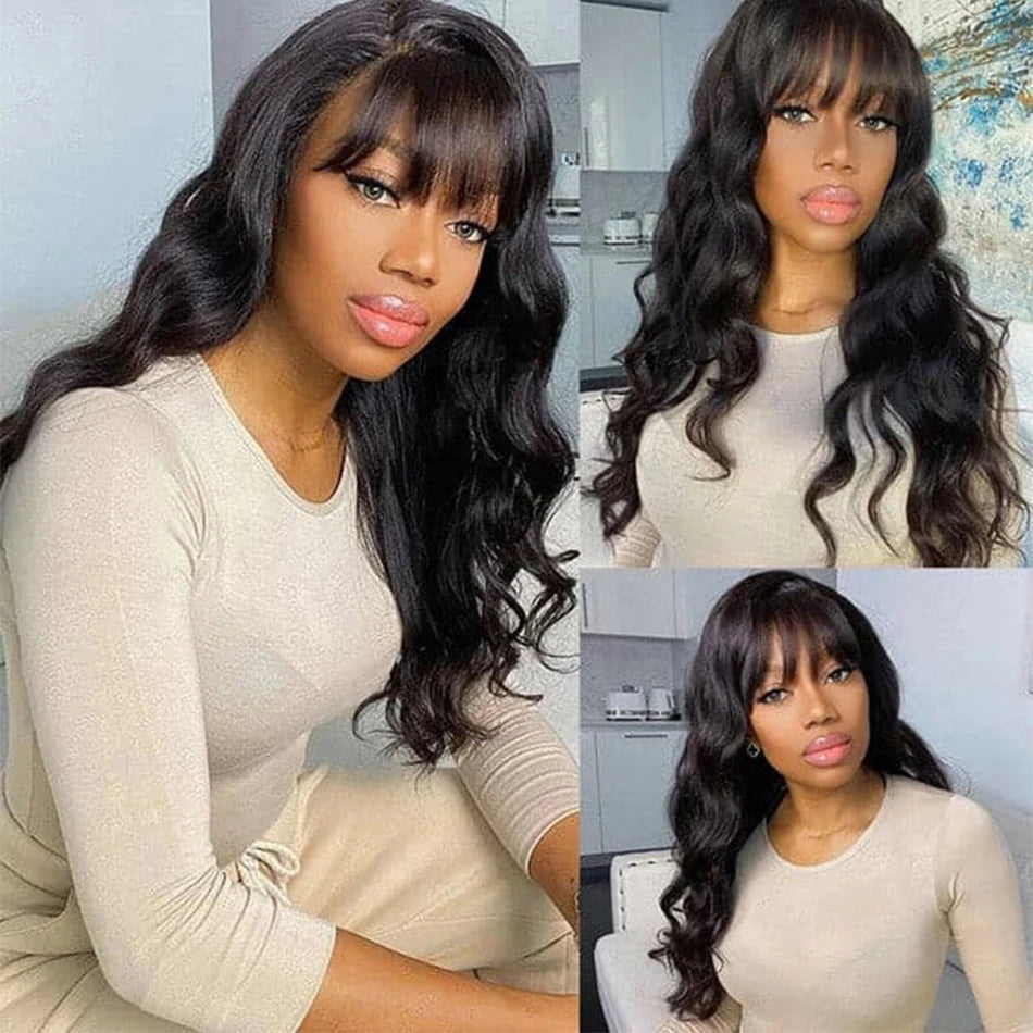 Body Wave Human Hair Wigs With Bangs Peruvian Cheap Glueless Wigs On Sale Clearance Full Machine Made Wig With Bangs For Woman