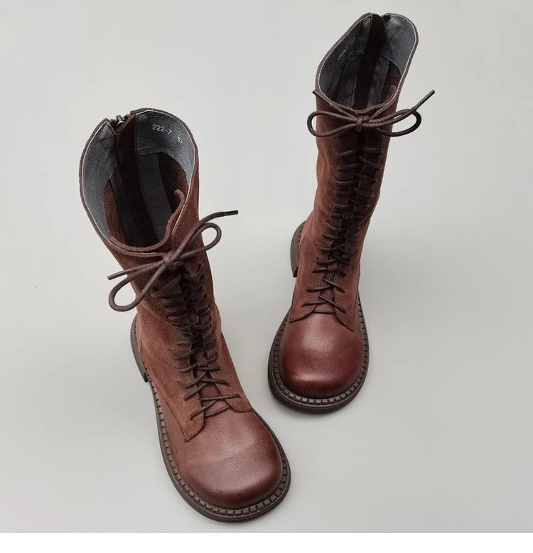 Autumn 2024 Shoes Long Noses Riding Boots Natural Leather Wide Toe Women's Boots Kne-High Cowhide Suede Single Lace-up booties