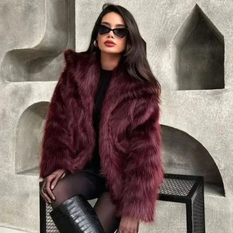 2025 New  Women's Fur Coat Women Plush Burgundy Bomber Jacket Solid Crop Long Sleeve Jacket Warm Winter Coats Woman Casual Coats