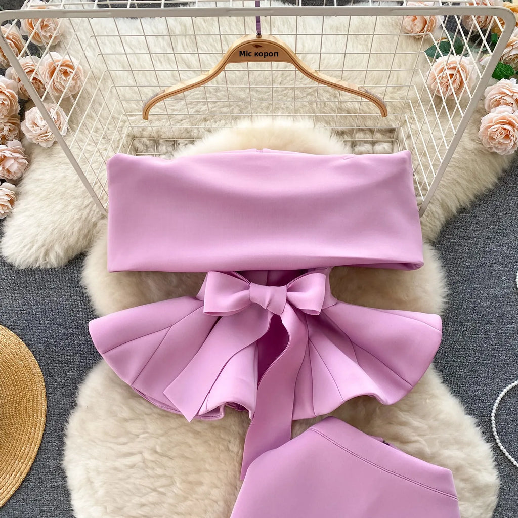 Sexy One-oulder Banded Waist Gown Set with Pleated Skirt Two-Piece Ensemble Courtly Sle Versatile Top f-length A-Line ...