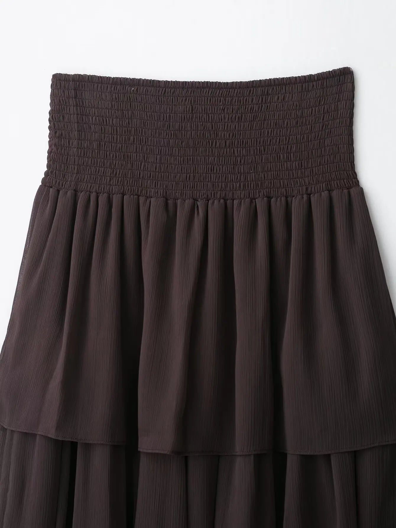 New High Street Women Brown Ruffled Pleated Midi Skirt High Elastic Waist Female Chic Lady Long Skirts