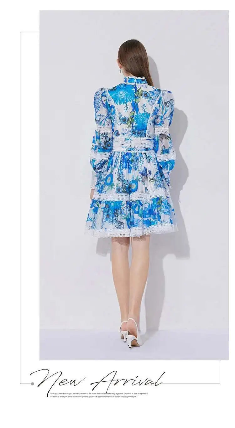 Elegant Long Sleeve Floral Short Dresses Shirt For Women Summer Autumn Holiday Hollow Out Printed Party Dress