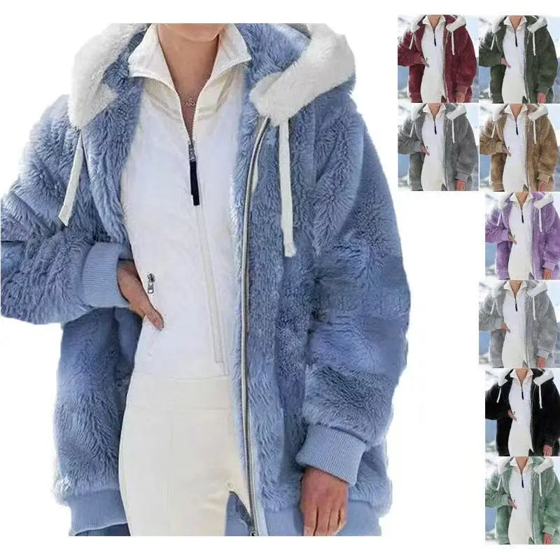 Women Winter Warm Faux Fur Jacket Plush Coat New Casual Hooded Fashion Zipper Soft Fleece Cashmere Jackets Female Thick Clothing
