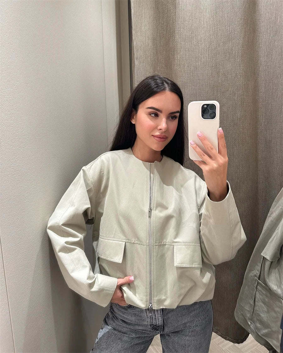 2025 Autumn Fashion Pocket Windbreaker Jackets Women Loose Crewneck Chic Outerwear Coat Female Short Jacket Mujer Clothes