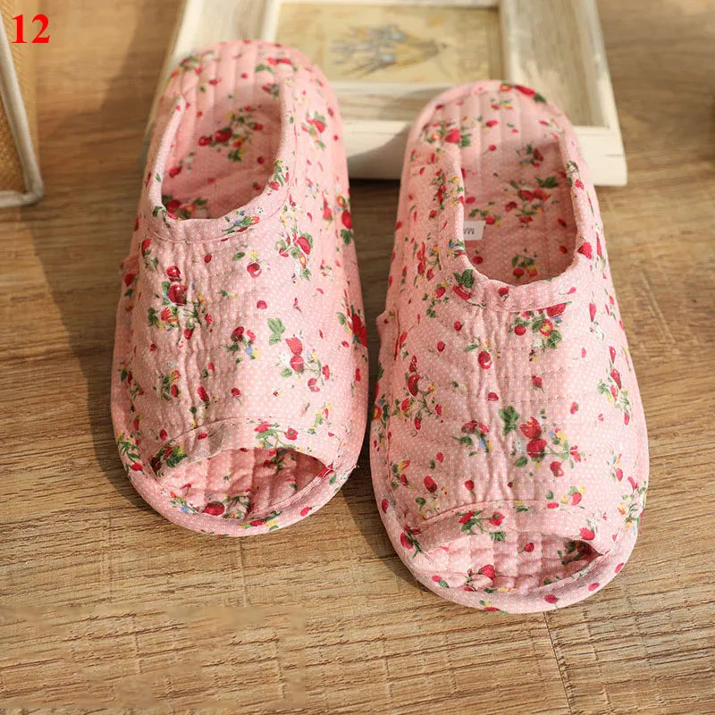 1 Pair Vintage Floral Home Slippers Spring Autumn Soft Cotton Toe Sole Slippers Women Flat Shoes Indoor Bedroom Slippers