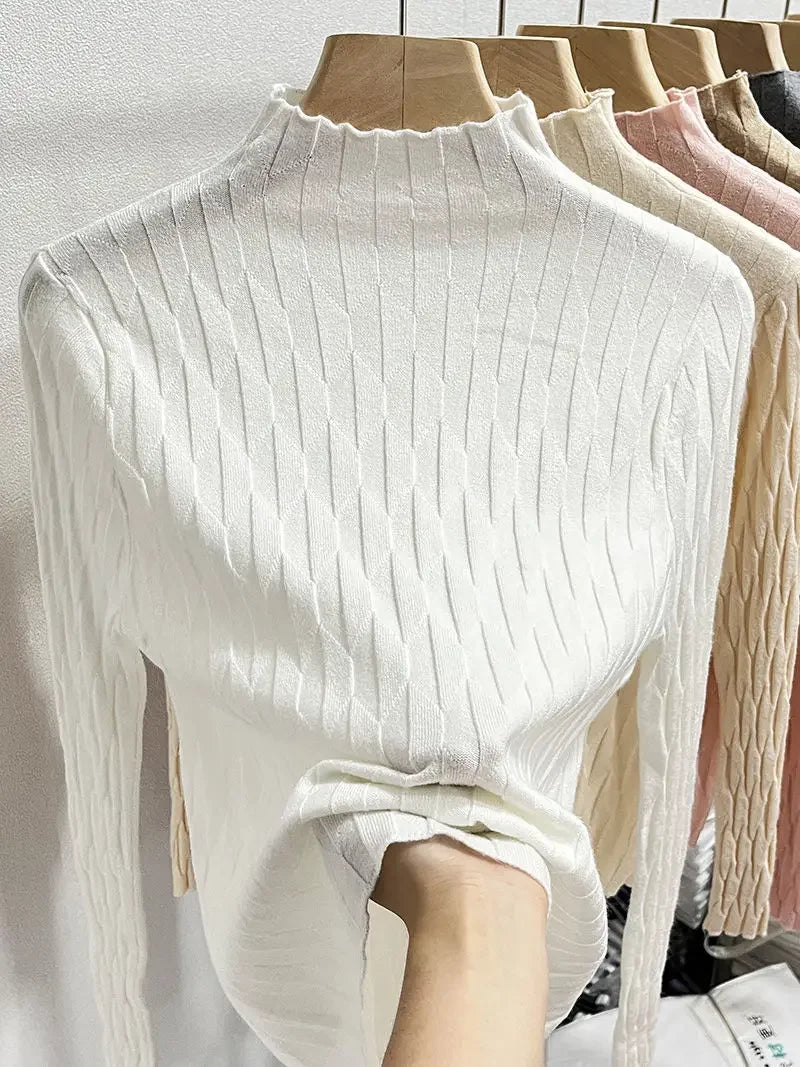 2025 Slim Fit Knitted Base Pullovers Autumn Winter Turtleneck Sweater Women's Solid Long Sleeve Casual Ruched Sweater