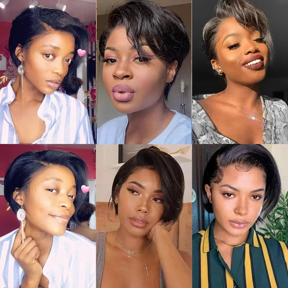 Malaysian 13x4 Lace Wig Side Part Pixie Cut Wigs 100% Human Hair Side Part Straight Bob Wig Transparent Lace For Black Women