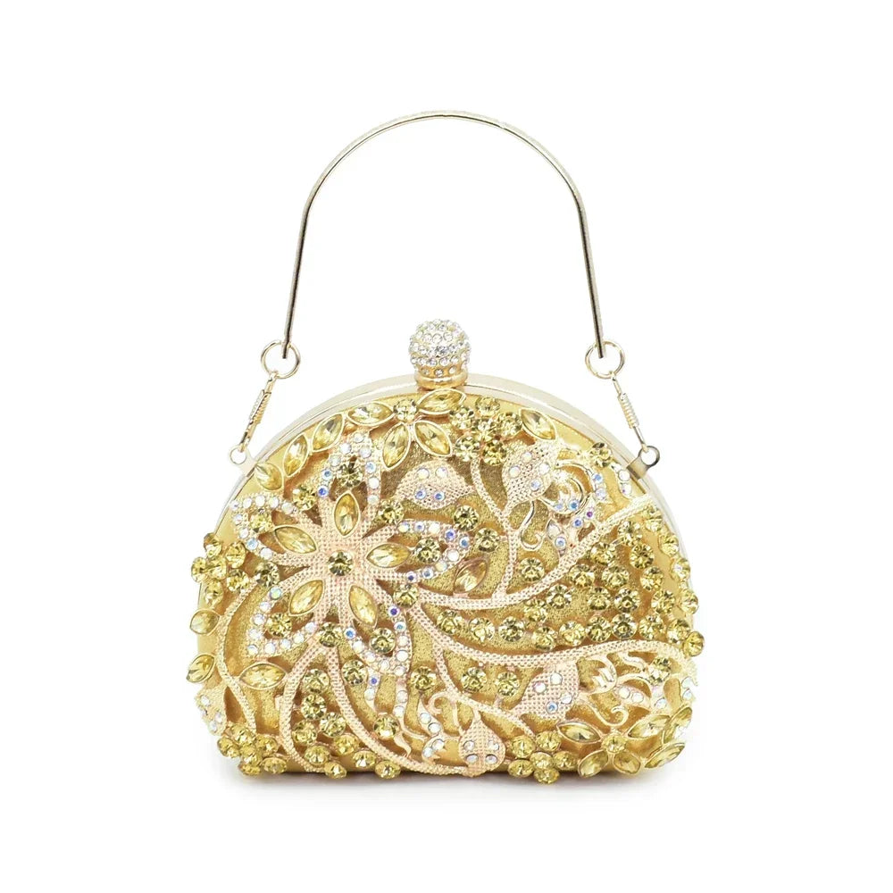 New Arrival Elegant Noble Royal Gold Color Party Wedding Pointed Toe High Heel Women Shoes and Bag Set Decorated with Rhinestone