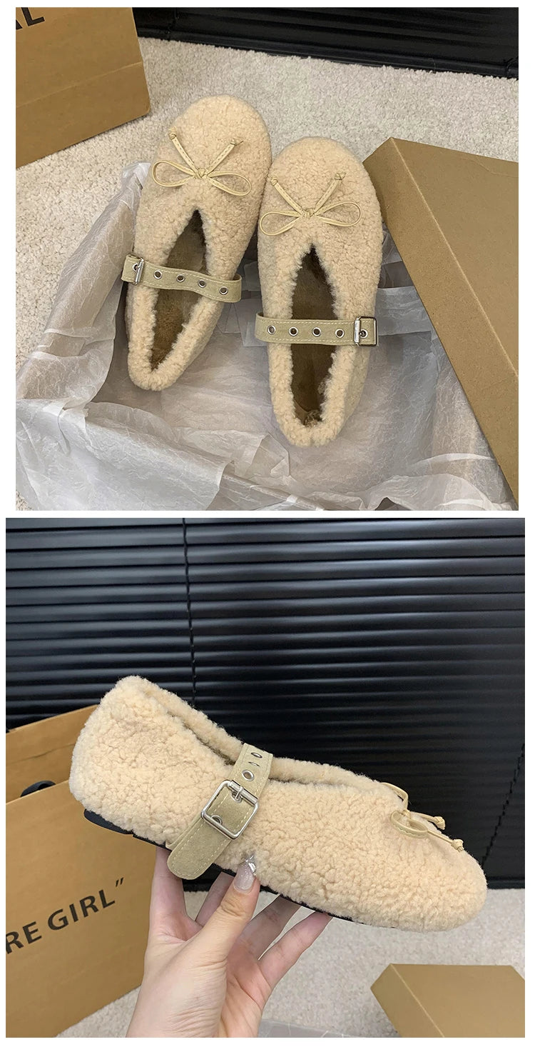 New Women's Shoes Woman Flats Low Heels Casual Female Sneakers Slip-on Loafers Fur Round Toe Shallow Mouth Boat Slip on Winter