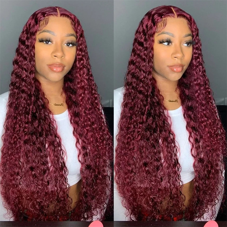 40Inch 99J Burgundy Water Curly 13x4 Glueless Lace Frontal Wig 250% Deep Wave HD Transparent Lace Front Wig Human Hair For Women