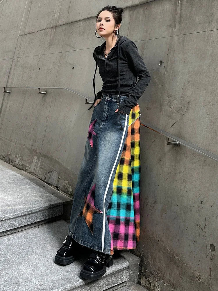 [EAM] High Elastic Waist Blue Back Plaid Denim Long A-line Half-body Skirt Women Fashion Tide New Spring Autumn 2025 1DH8117