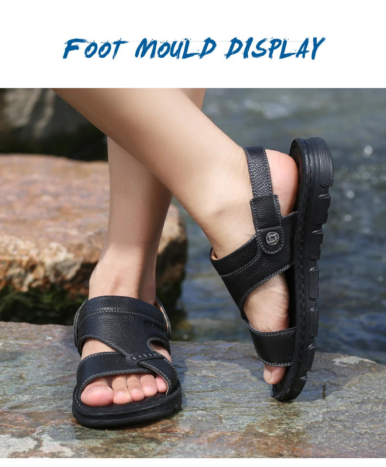 LAORENTOU cowhide breathable outdoor leisure beach shoes, anti slip thick sole leather sandals for external wear