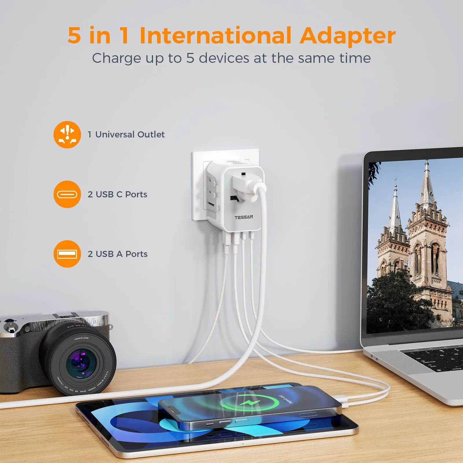 TESSAN Universal Worldwide All in One Charger Travel Power Plug Adapter with USB Type C Charging Ports for USA EU UK AU