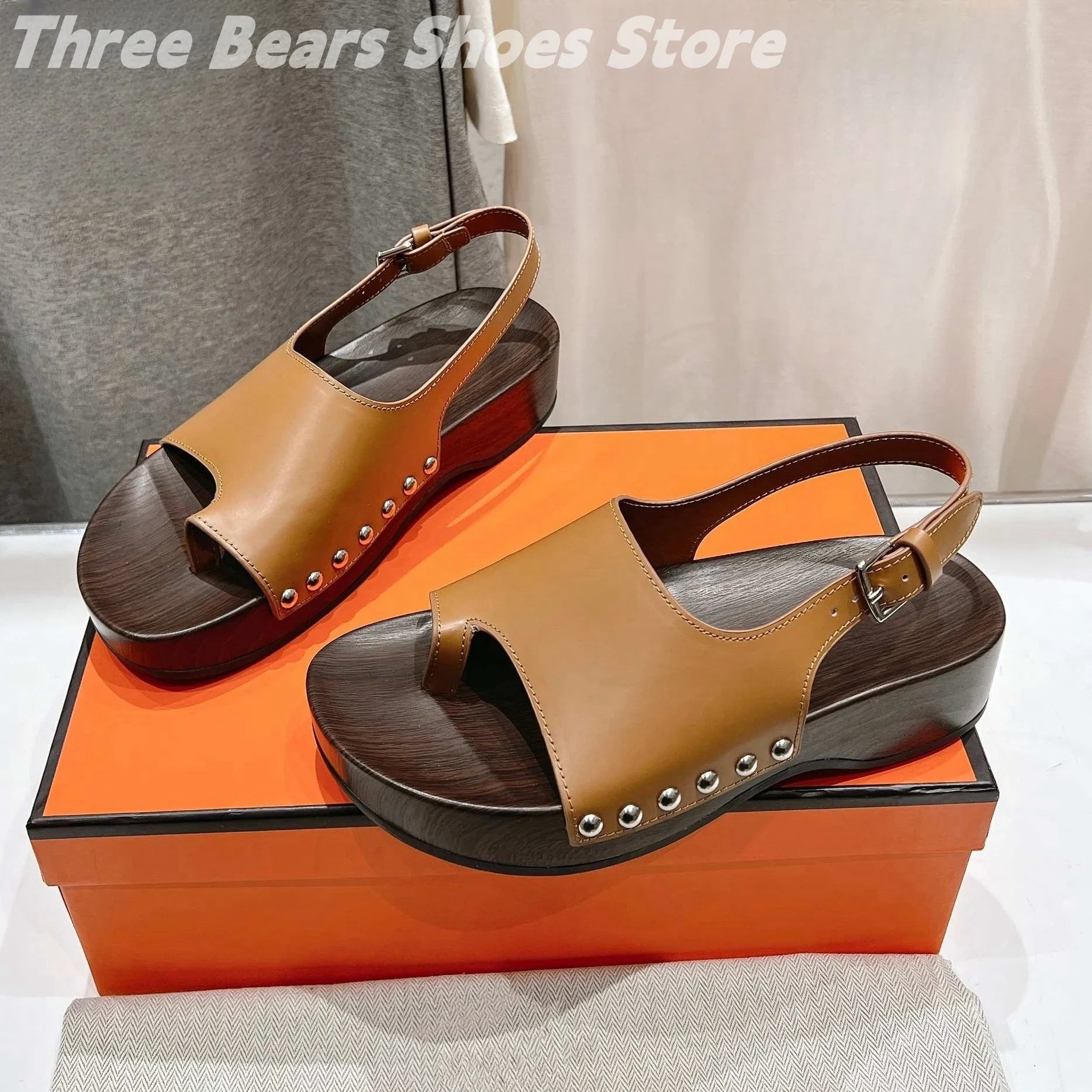 Concise Rivet Cow Leather Sewing Back Strap Flip Flops Woman Sandals Mixed Colors Open-Toes Platform Heels Zapatos Mujer 34-42